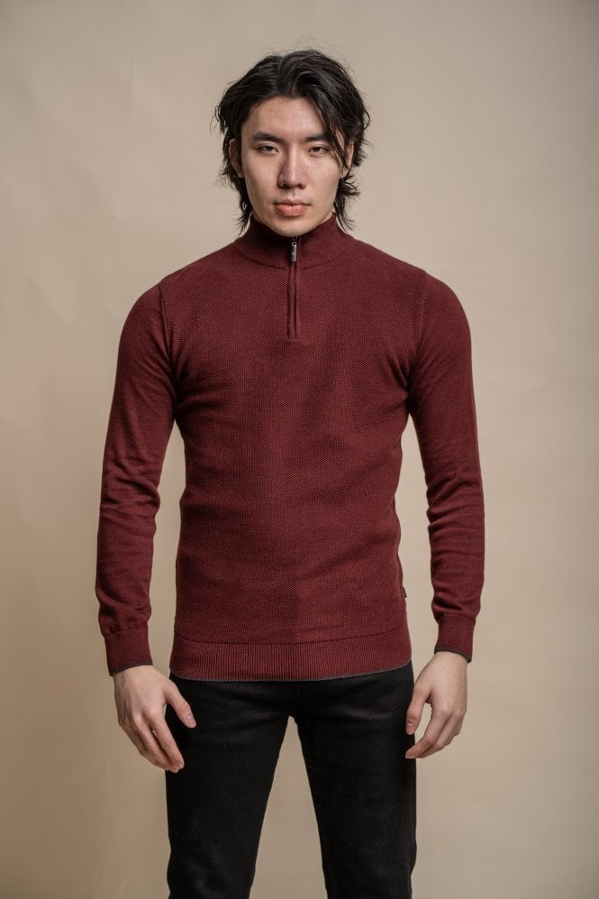 Men's Half Zip Knit Cotton Pullover - KYLE - Wine