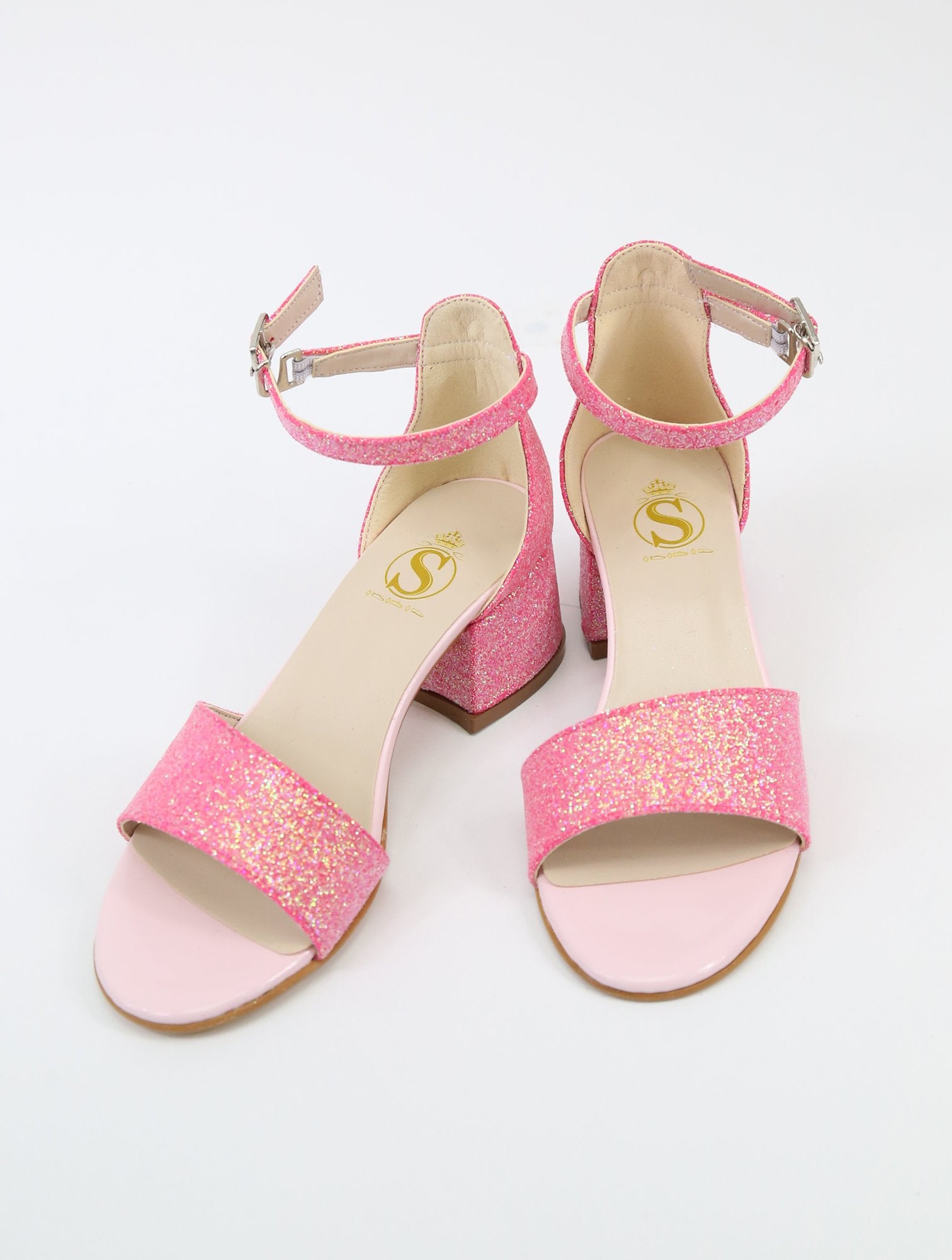 Girls Ankle-Strap Block Heel Sandals - SPARKLE - Cherry Pink