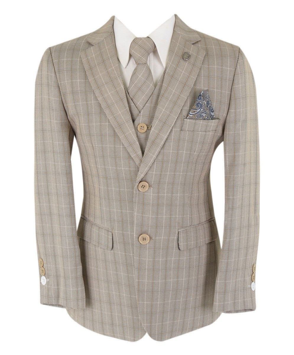 Boys Tweed Check Tailored Fit Suit - Beige and Brown