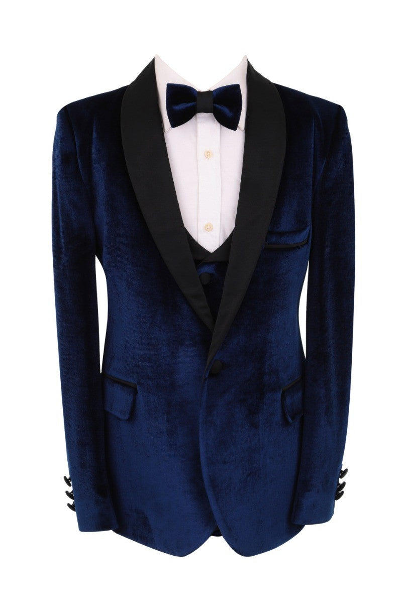 Boys Velvet Tuxedo 5 Piece Dinner Suit - Navy Blue and Black