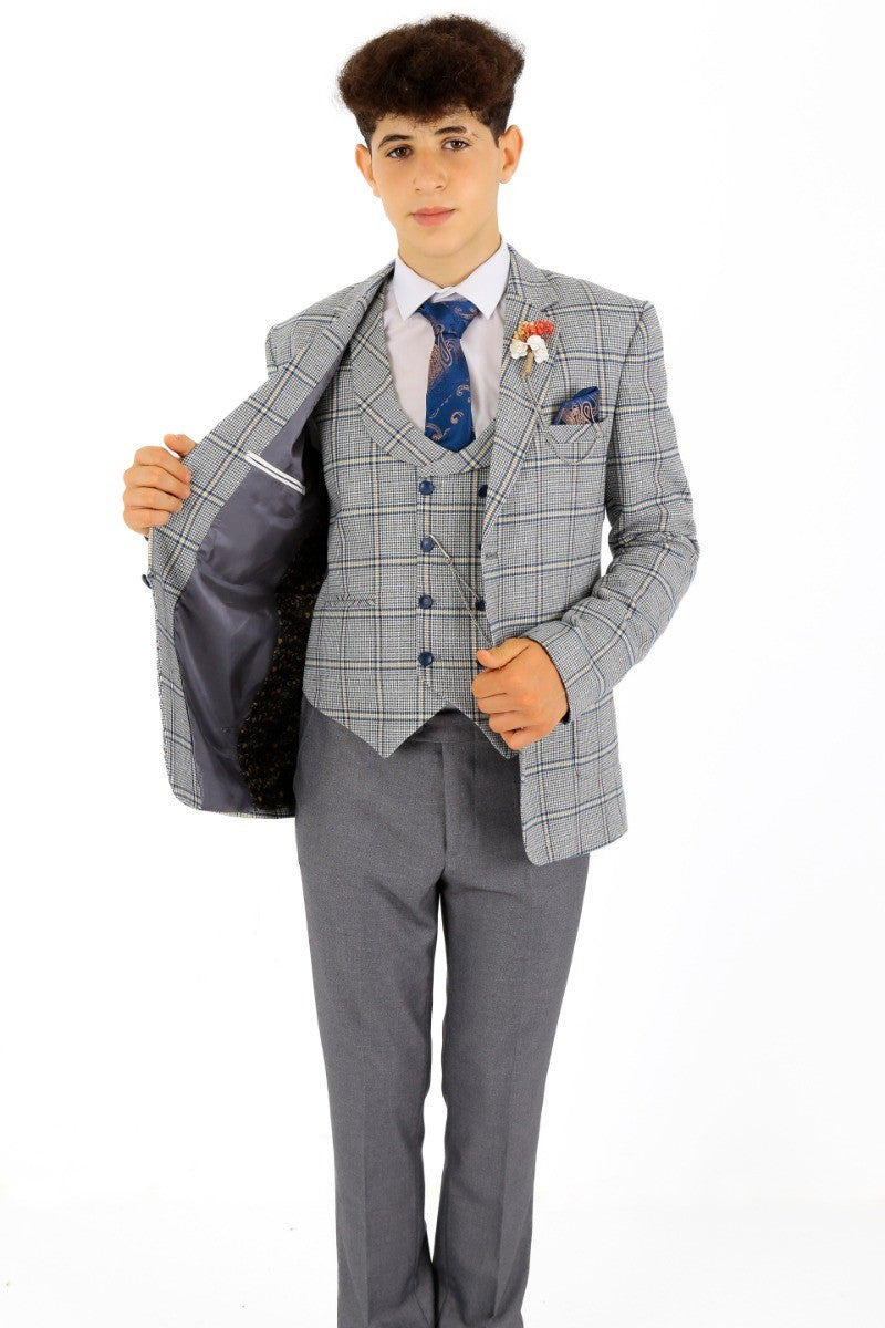 Boys Windowpane Check Slim Fit Suit - Blue - Grey