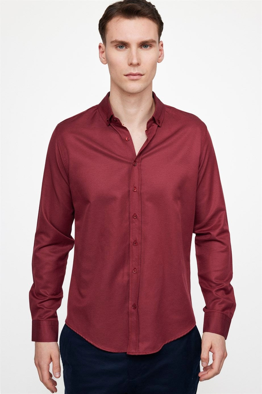 Men's Slim Fit Cotton Button-Down Oxford Shirt - GABARDIN - Burgundy