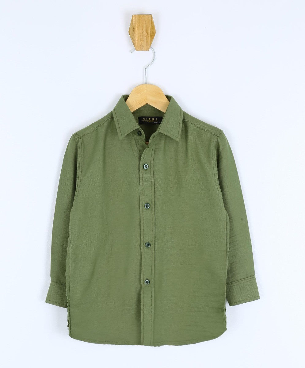 Boys Cotton Linen Classic Collar Shirt - Dark Green