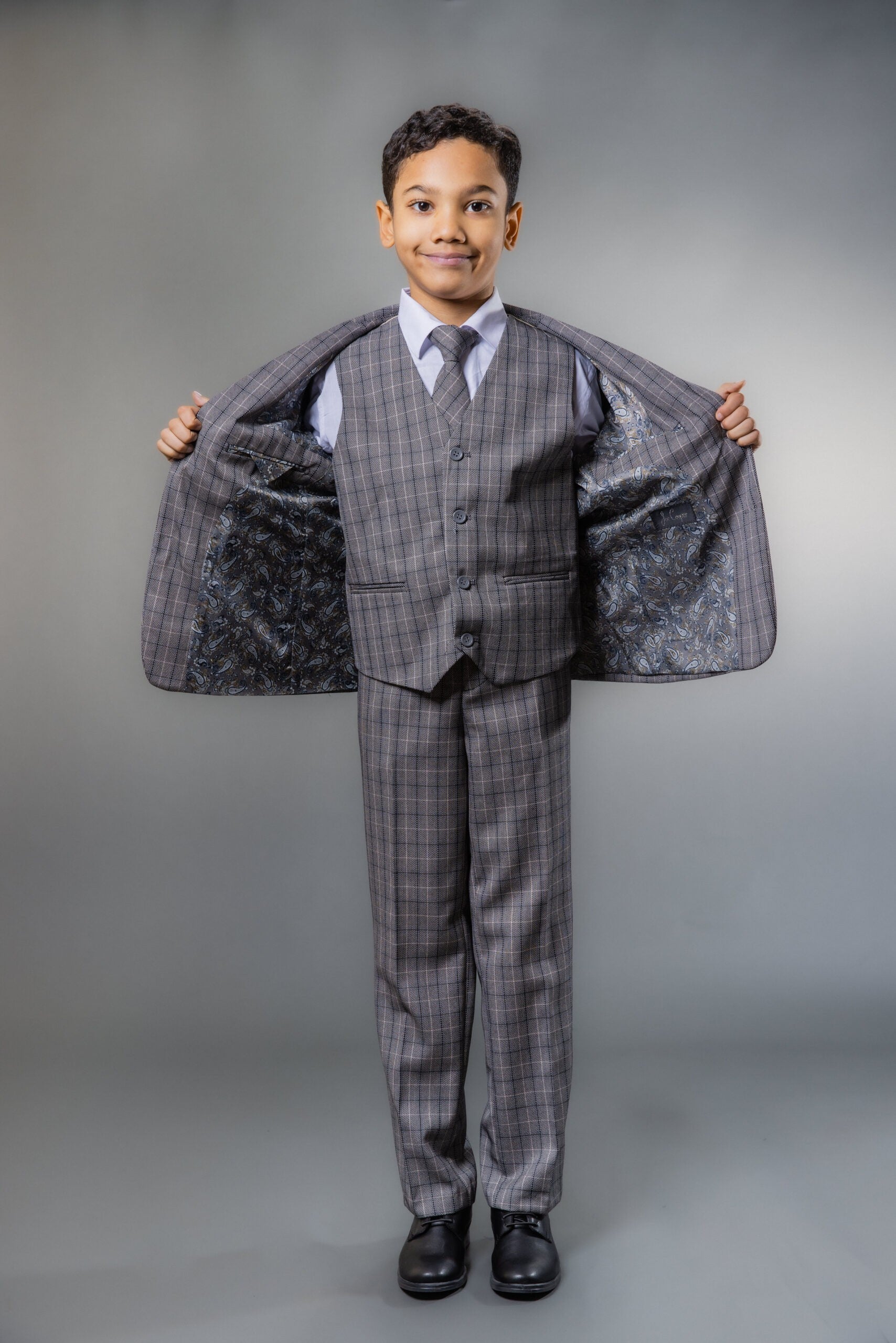 Boys Tweed Check Tailored Fit Suit - Grey