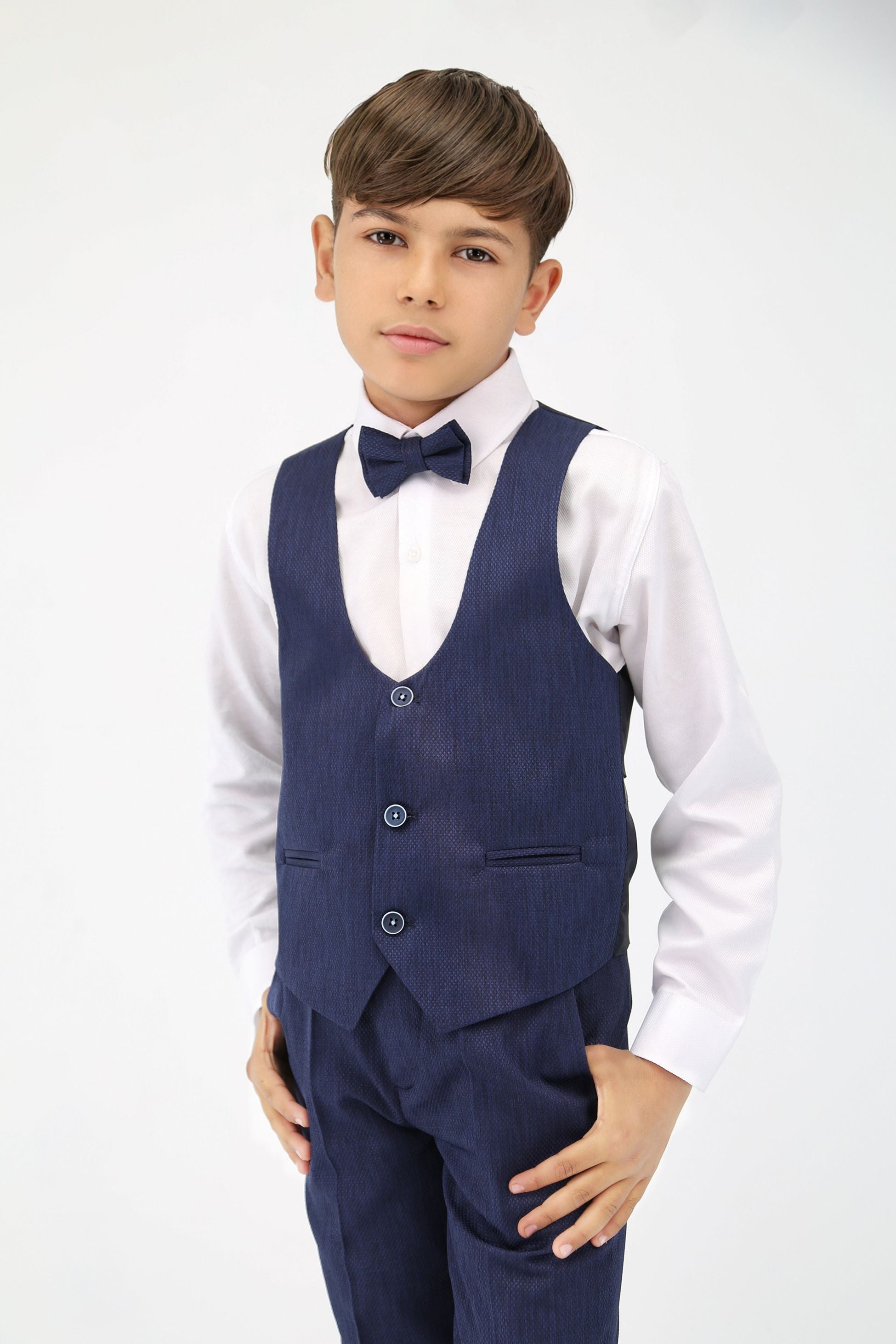 Boys' Slim Fit Self-Patterned 5 PC Suit Set - Navy