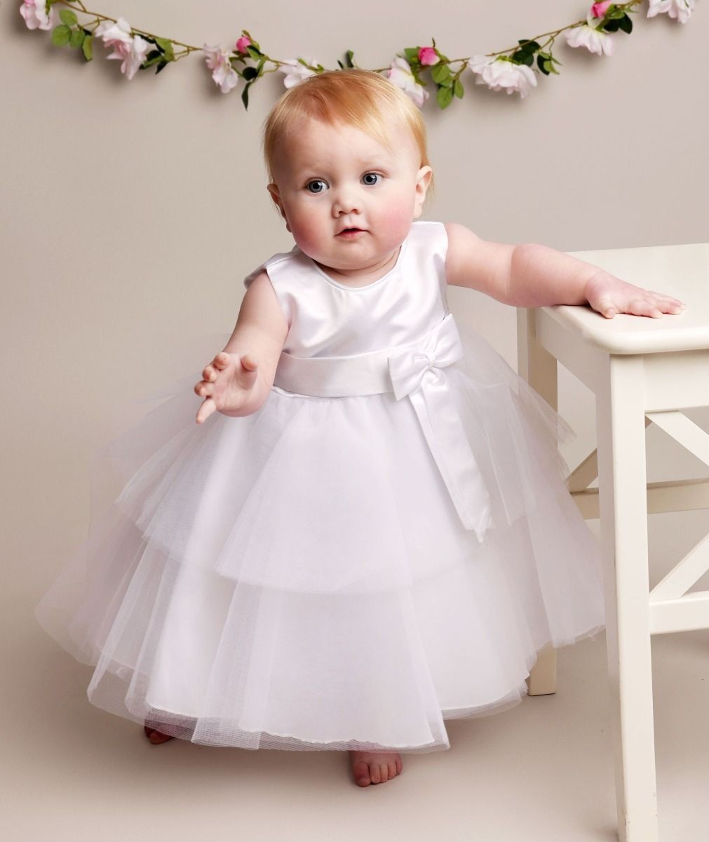 Baby Girls Christening Dress with Satin Bow - K038 - White