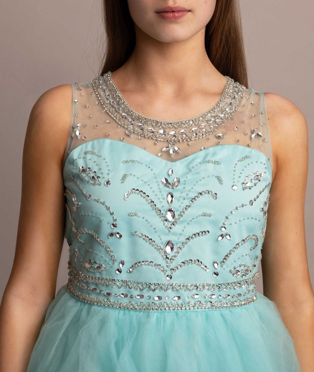 Girls Tulle Dress with Sequin Embellishments - LOLA - Aqua Blue