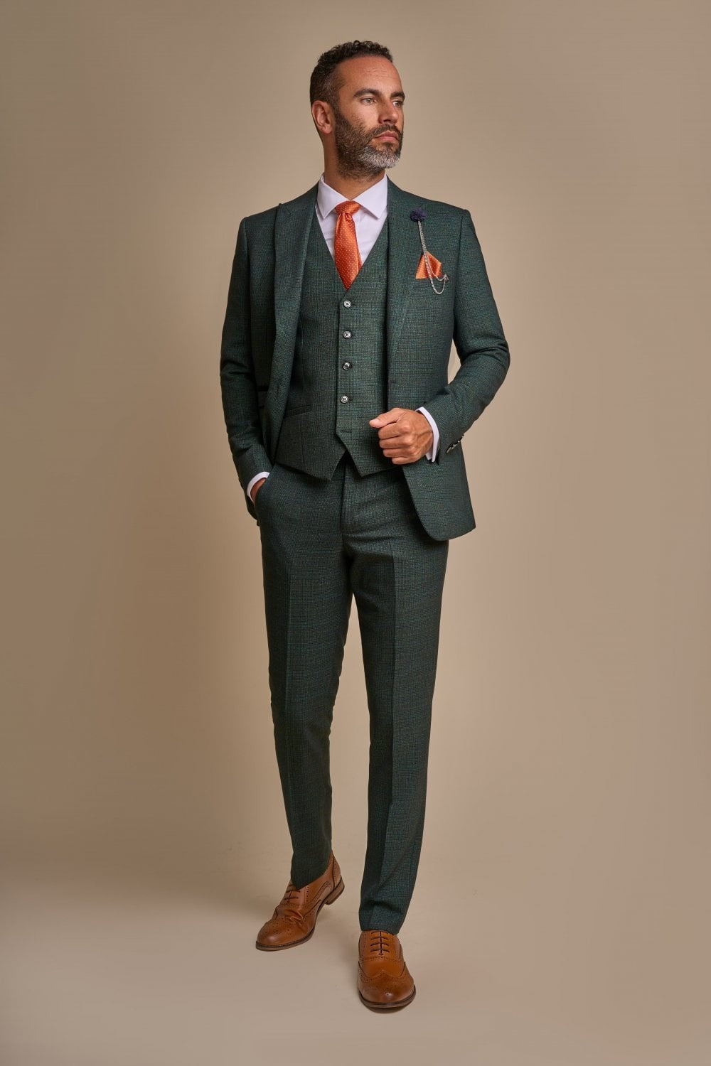 Men's Tweed Houndstooth Check Slim Fit Suit - CARIDI - Olive Green