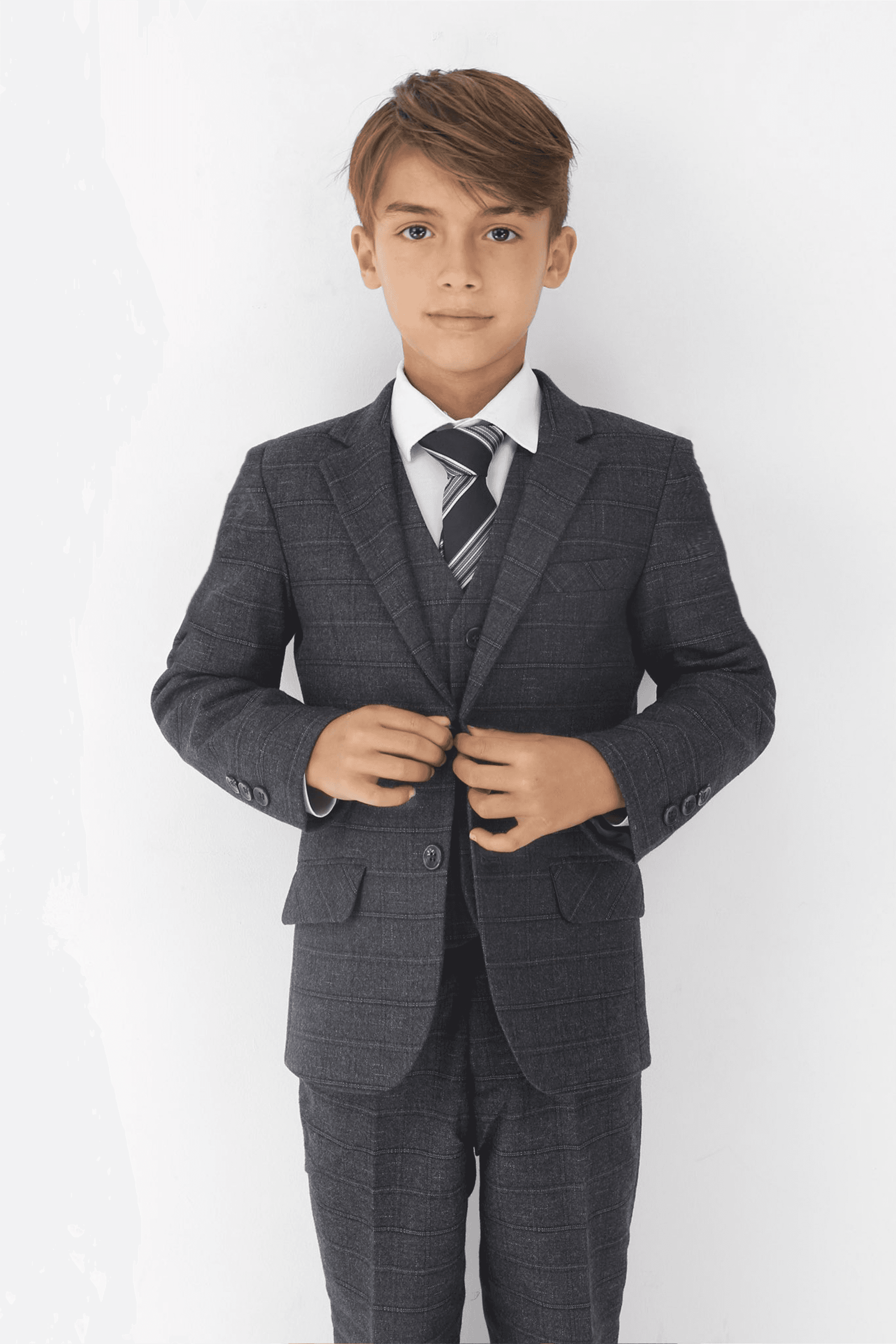 Boys Tweed Like Check Tailored Fit Formal Suit Set - Charcoal Grey