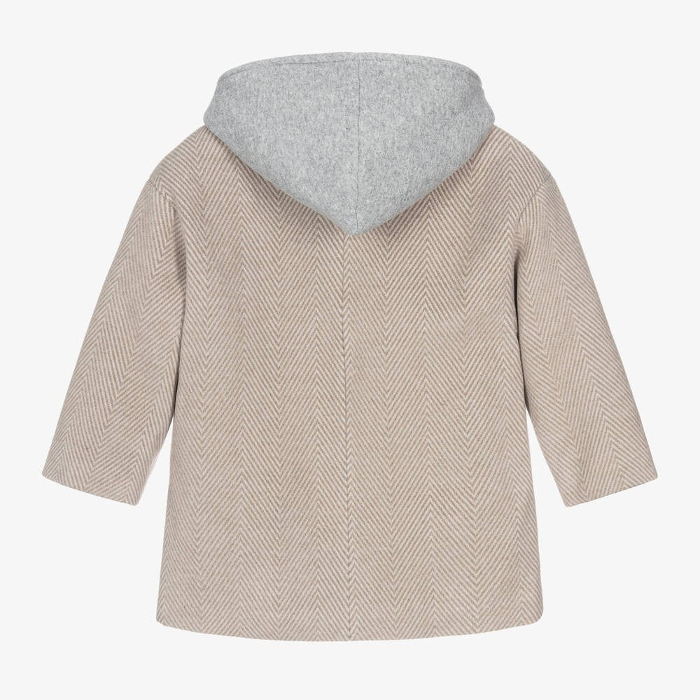 Boys Beige Hooded Herringbone Coat with Jersey Insert - Beige