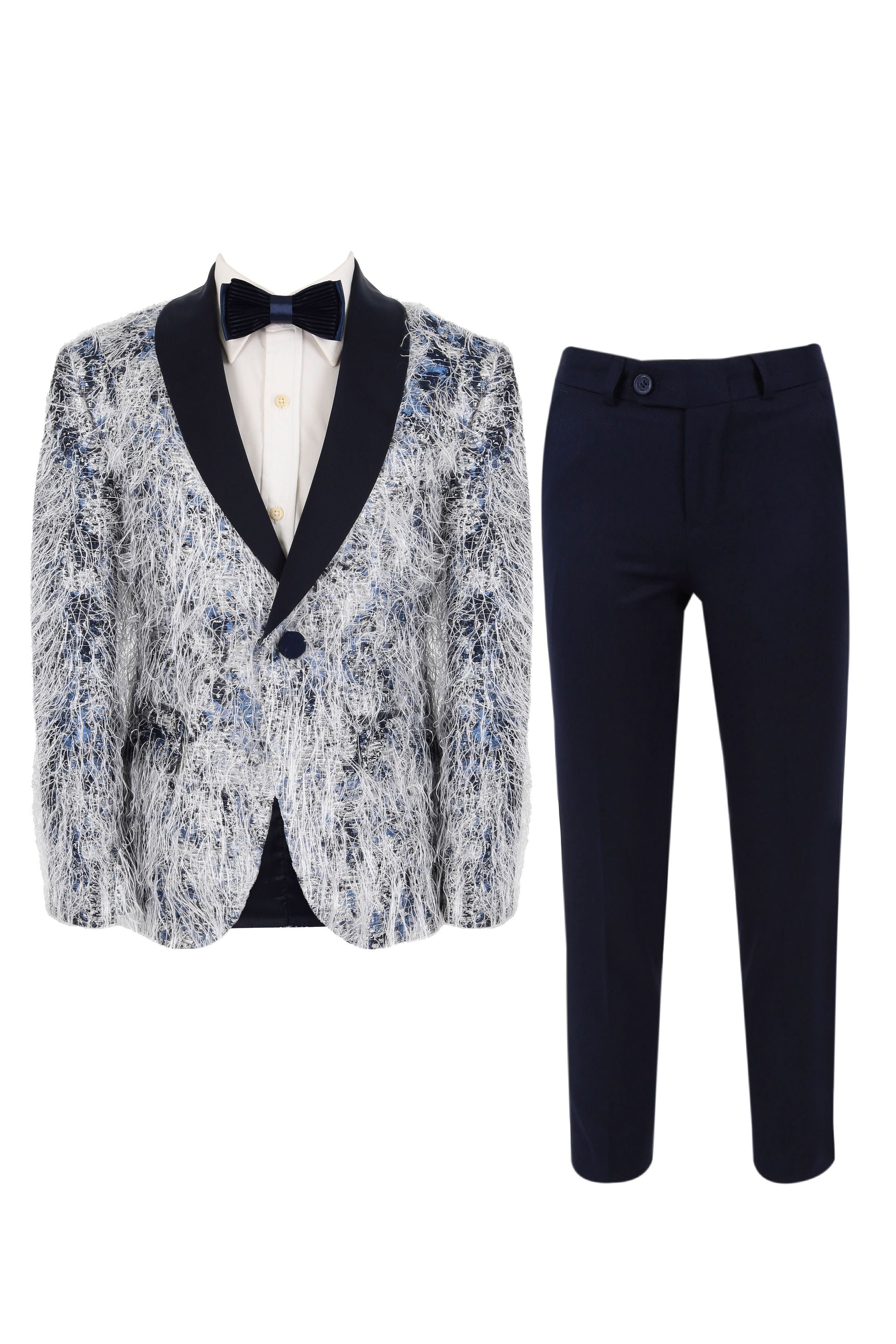 Boys  Feathers Pattern Tuxedo Suit - Navy Blue