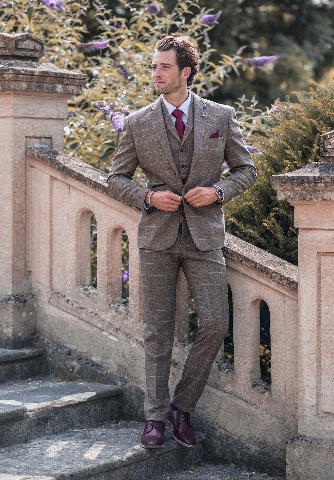 Men's Wool Blend Herringbone Check Suit - Albert - Brown