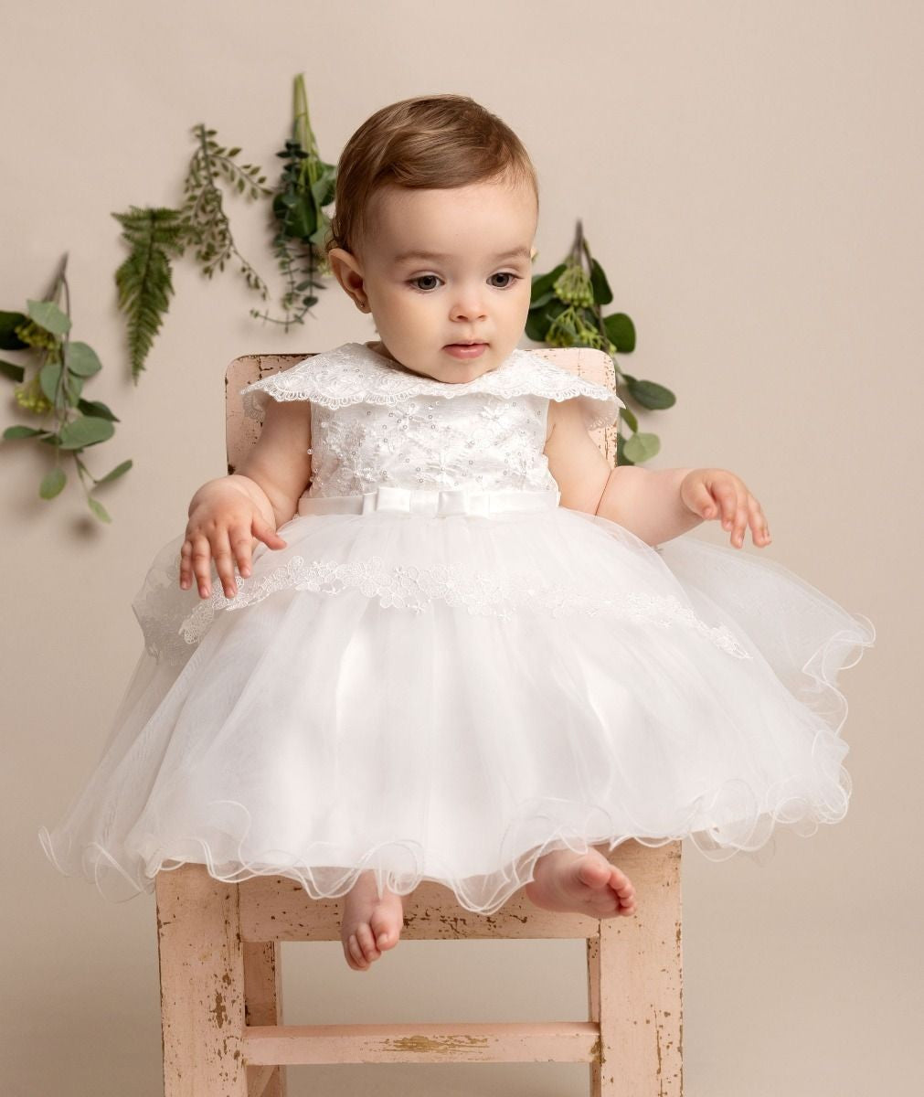 Baby Girls Layered Christening Lace Cape Dress - HAZEL - White