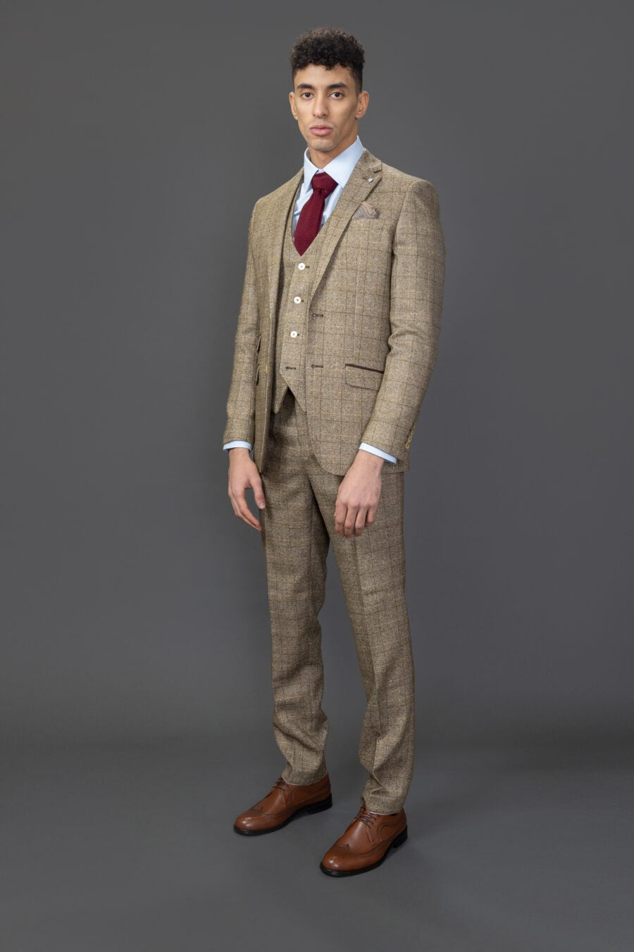 Men's Tweed Windowpane Check Suit - LIAM Beige - Beige