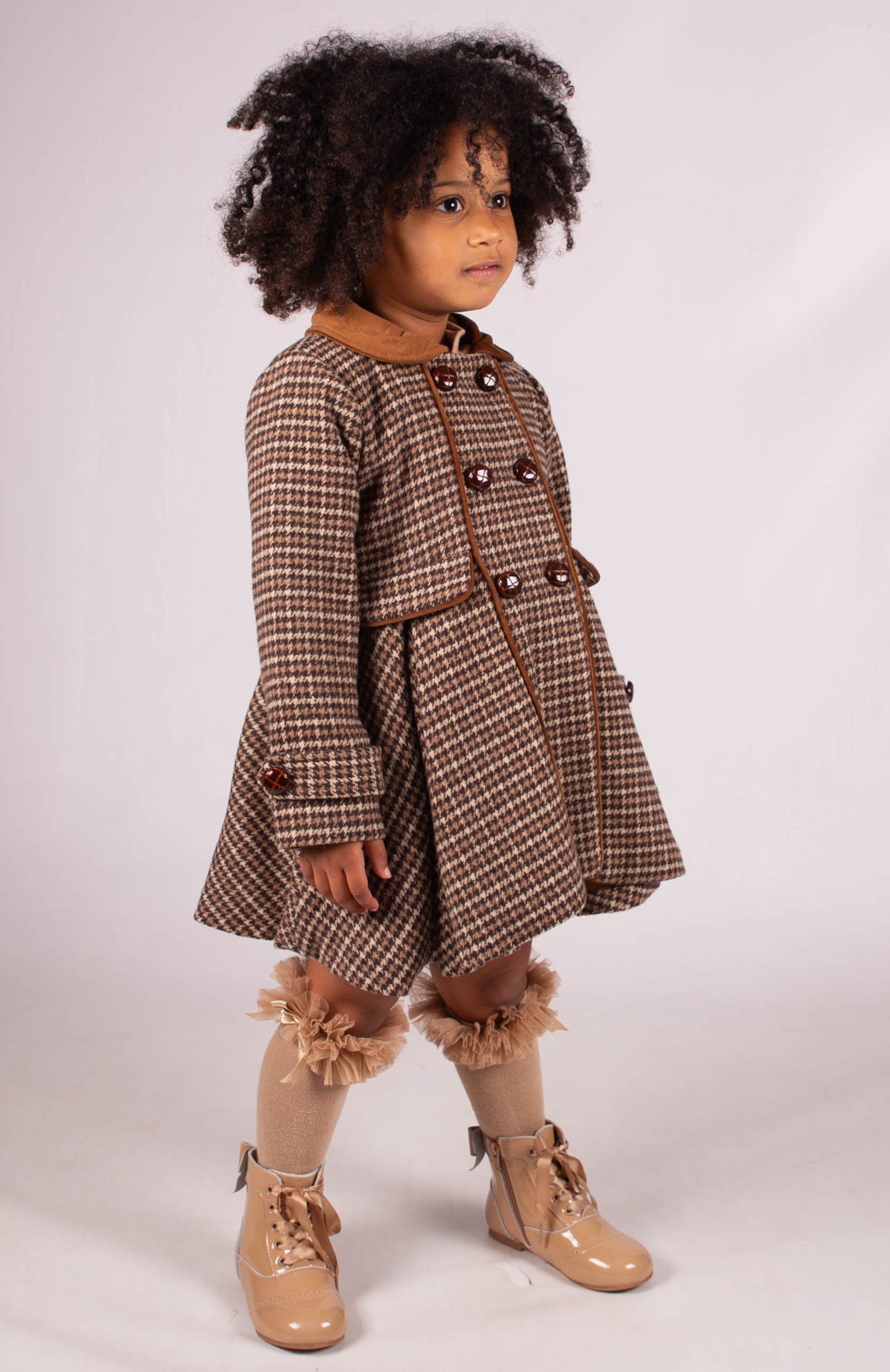 Girls Houndstooth Brown Coat & Beret Set - Brown