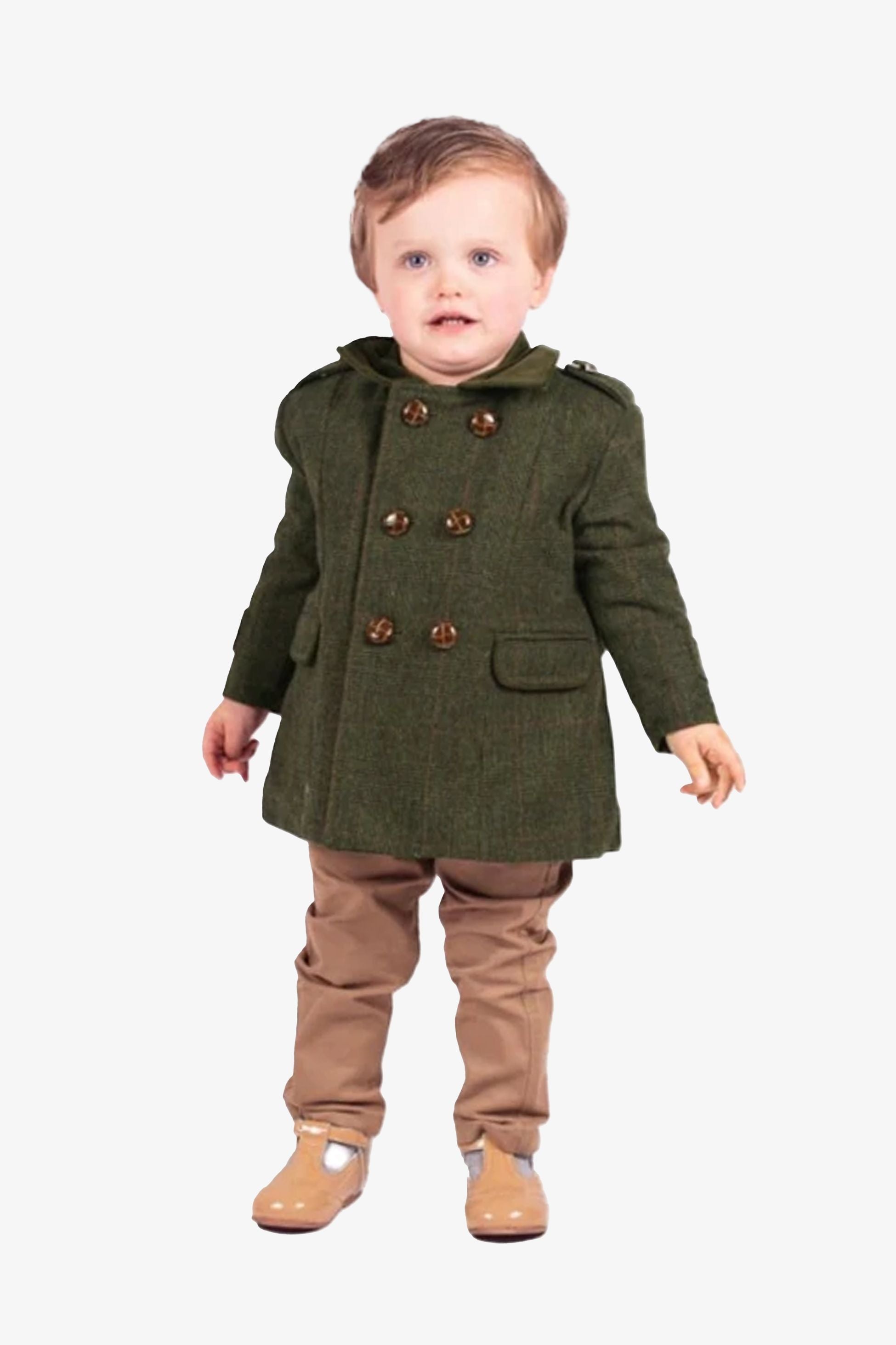 Baby Boy's Tweed Check Double Breasted Mid-Length Coat - Olive Green