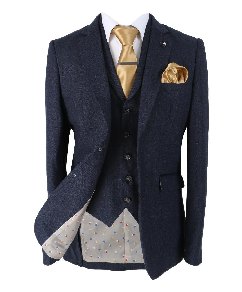 Men's Herringbone Tweed Slim Fit Formal Suit - MARTEZ - Navy Blue