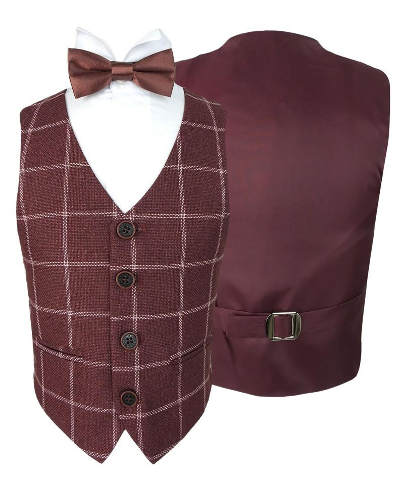 Boys Retro Windowpane Tailored Fit Check Suit - Maroon