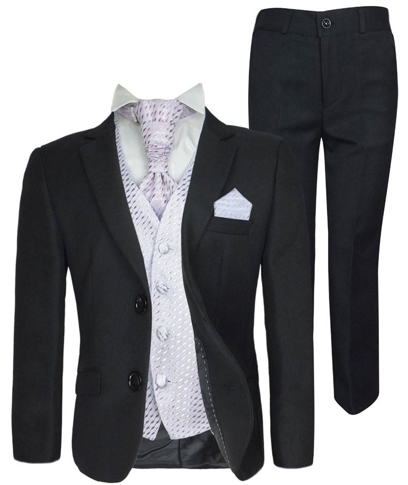 Boys Formal Suit with Patterned Waistcoat and Cravat Set - Antonio - Black - Lilac