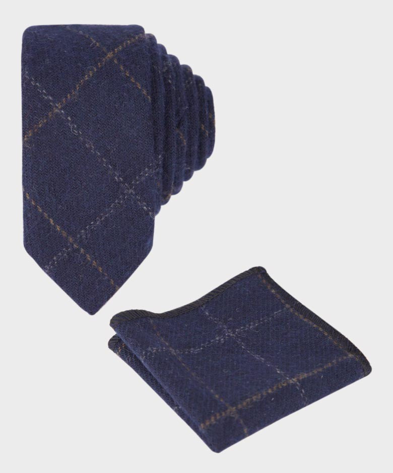 Boys Windowpane Tweed Navy Tie and Hanky Set - Navy Blue