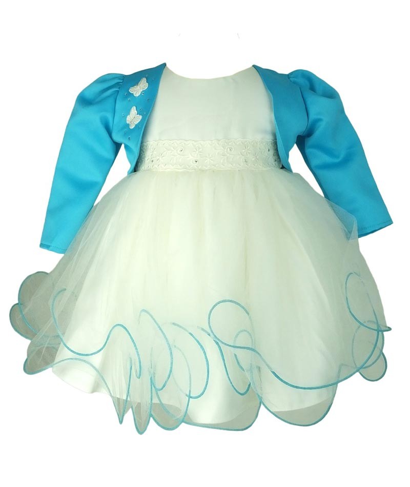 Girls Christening Wedding Dress with Butterfly Bolero Jacket - Ivory- Blue