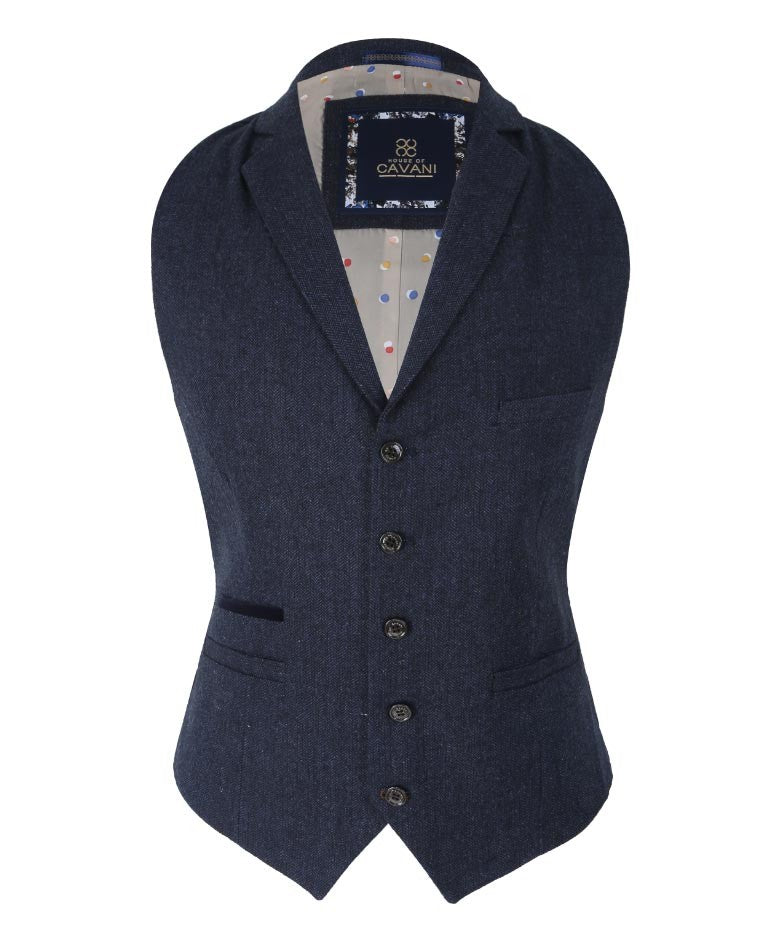 Men's Herringbone Tweed Slim Fit Waistcoat - MARTEZ - Navy Blue