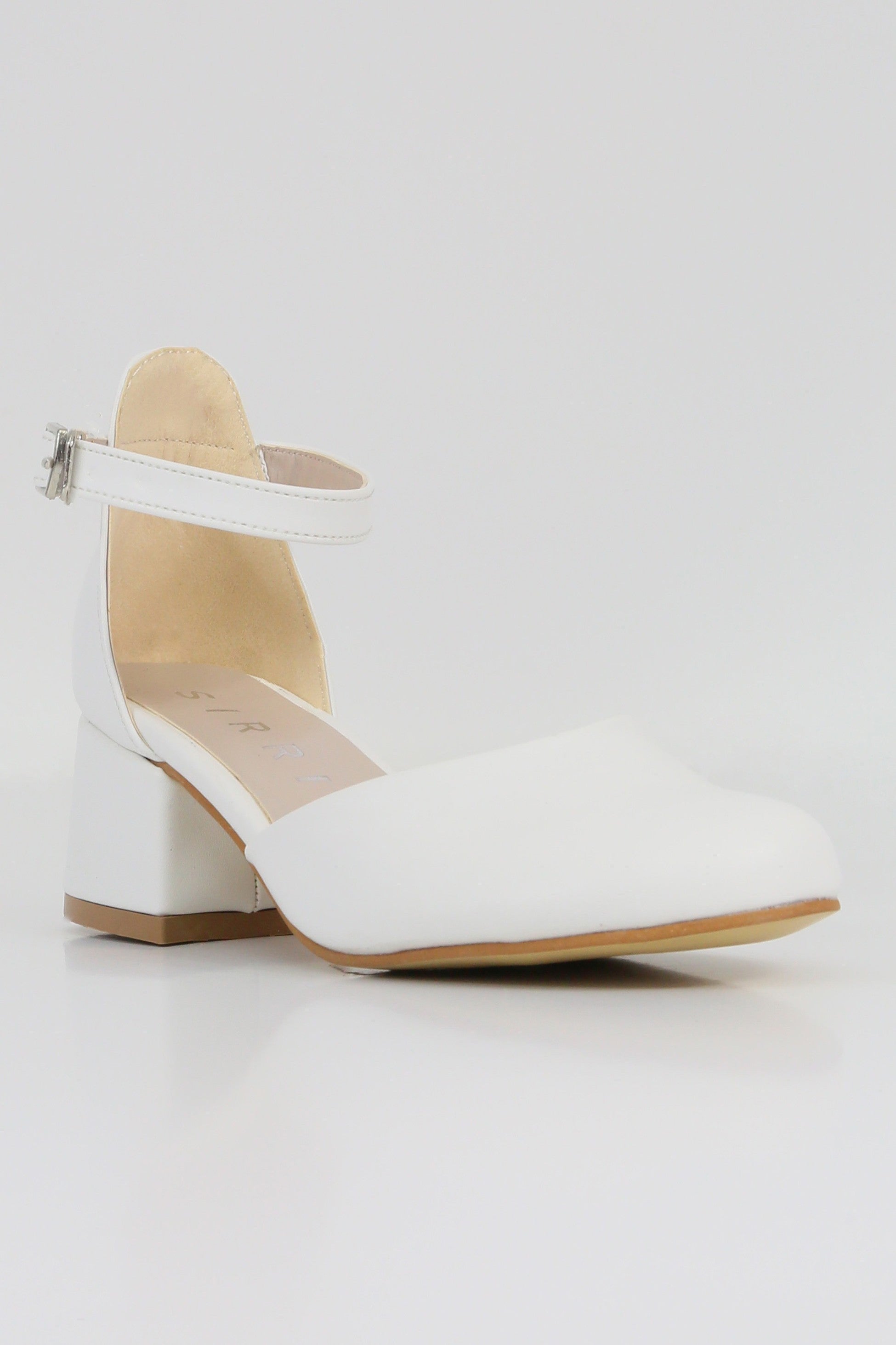 Girls' Ankle Strap White Block Heel Shoes – ELISE - White