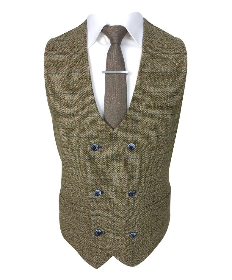 Men's Tweed Check Double-Breasted Waistcoat - ASCARI - Brown