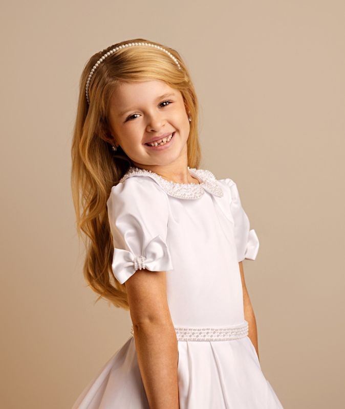 Girls’ White Puff Sleeve Communion Dress with Peter Pan Collar - LOTTIE - White