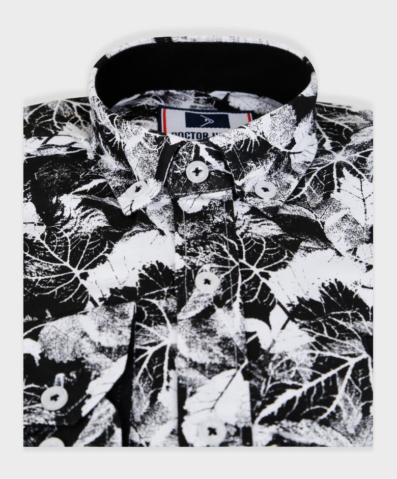 Boys Slim Fit Leaf Print Fashion Shirt - Black - White