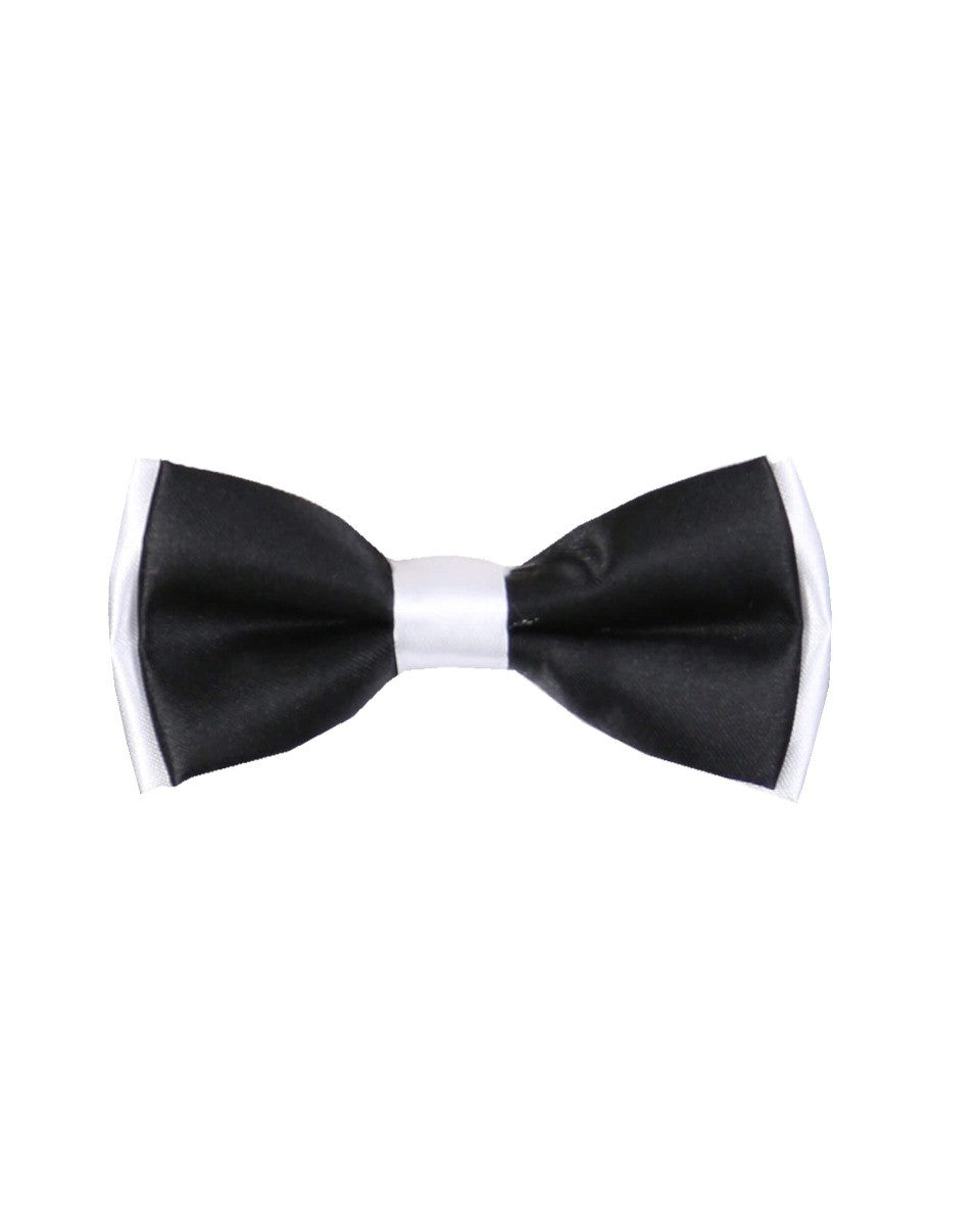 Boys Pre-Tied Adjustable Neck Strap Bowtie & Hanky Set - Black - White