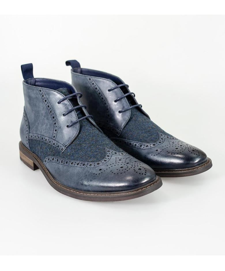 Men's Tweed Brogue Ankle Boots - CURTIS - Navy Blue