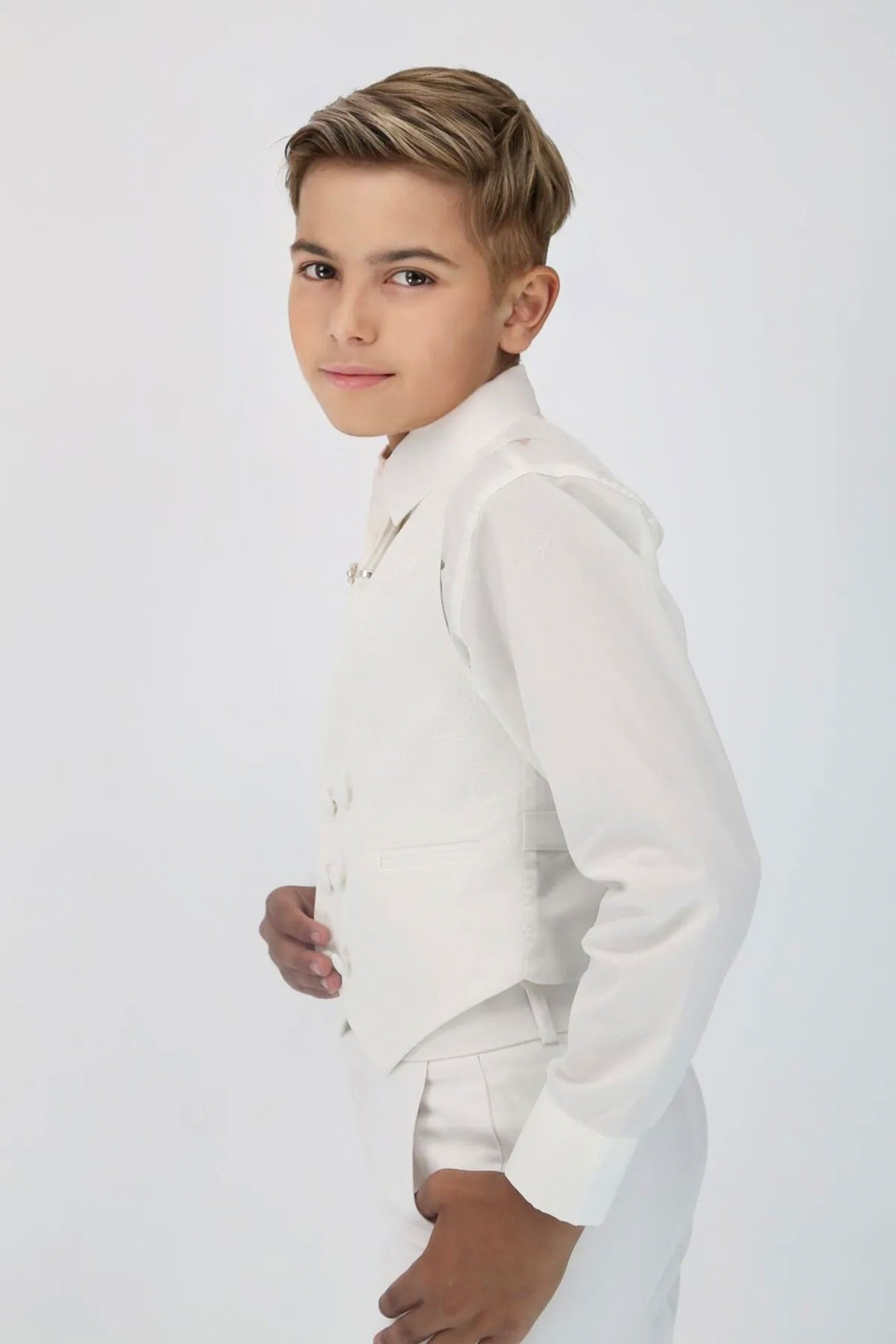 Boys 5 PC Ivory Suit Set, with Double-breasted Vest - Ivory