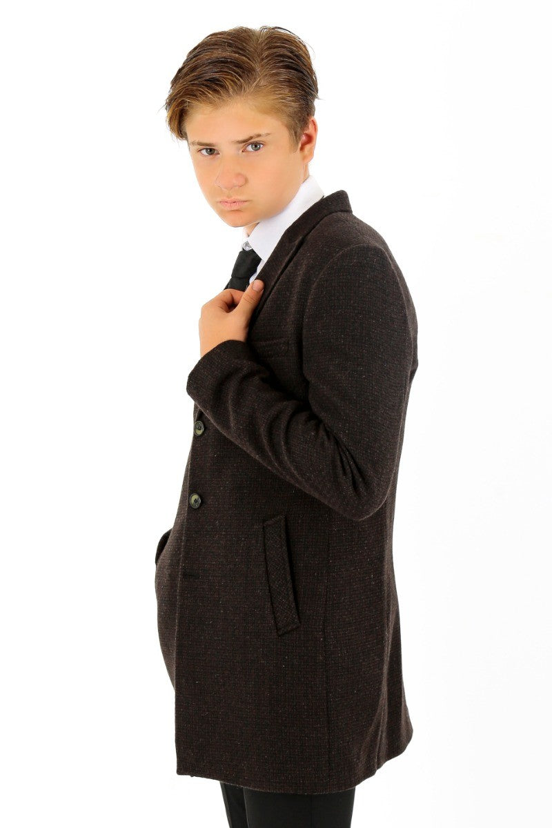 Boys Wool Tweed Patterned Midi Coat - Dark Brown