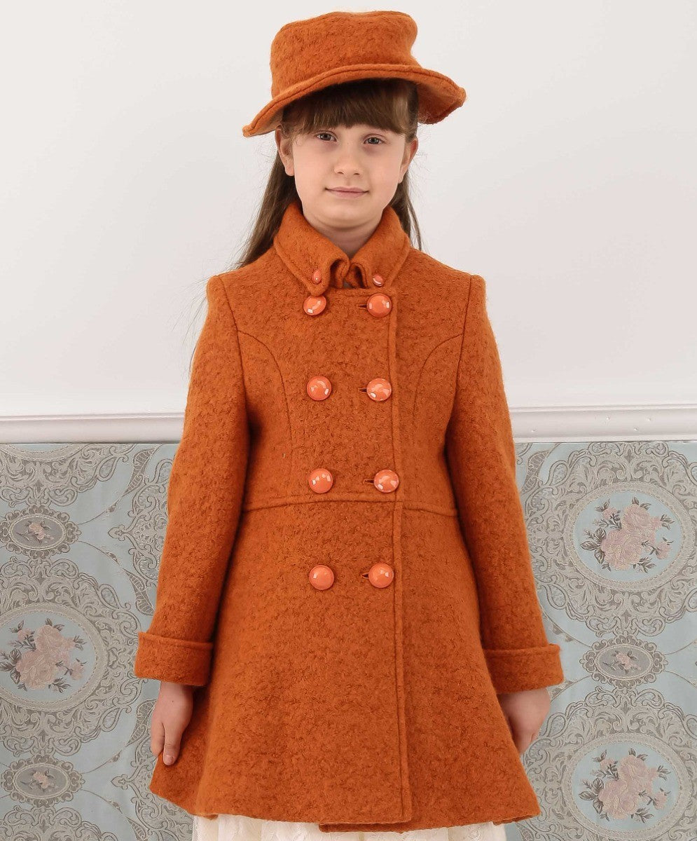 Girls Wool Double-Breasted OverCoat Set - ELIZABETH - Brick Orange