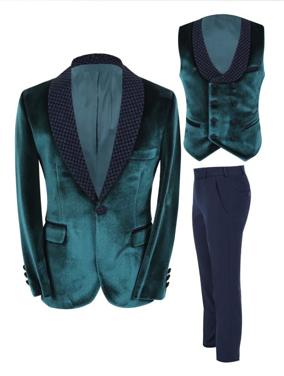 Boys Velvet Slim Fit Tuxedo Dinner Suit - Dark Green