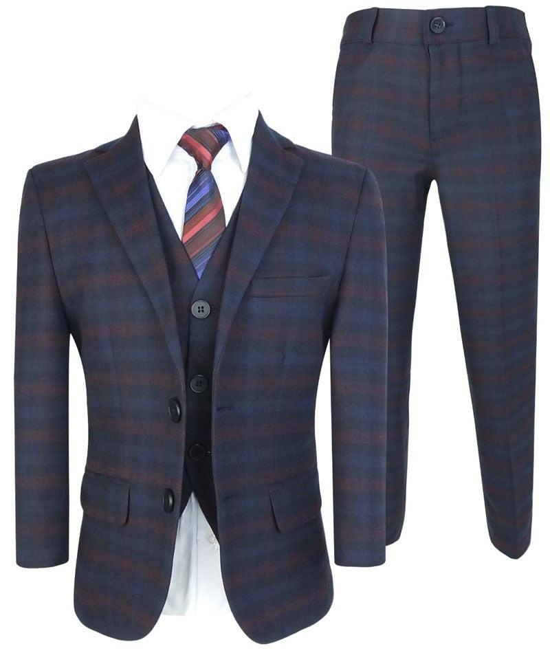 Boys Tailored Fit Retro Check Navy Suit - Navy Blue - Red