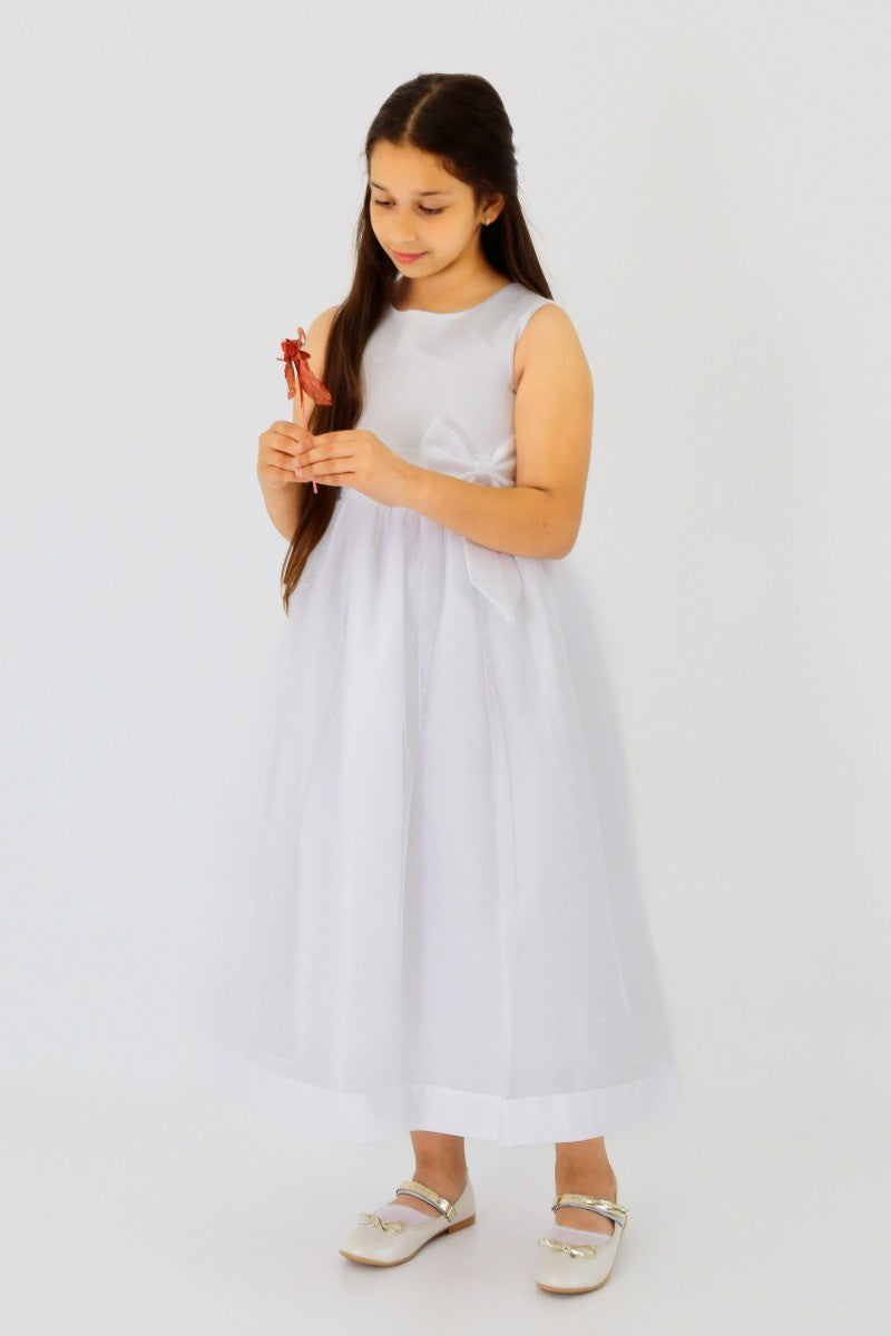 Girls Sleeveless Tulle Communion Dress - White