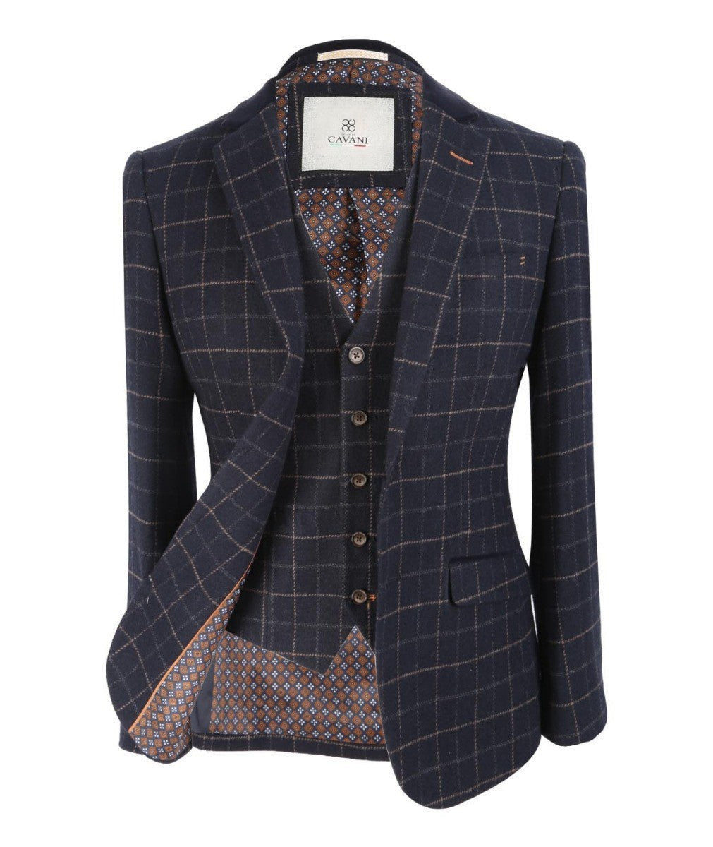 Men's Tweed Check Slim Fit Navy Suit Jacket- SHELBY - Navy Blue