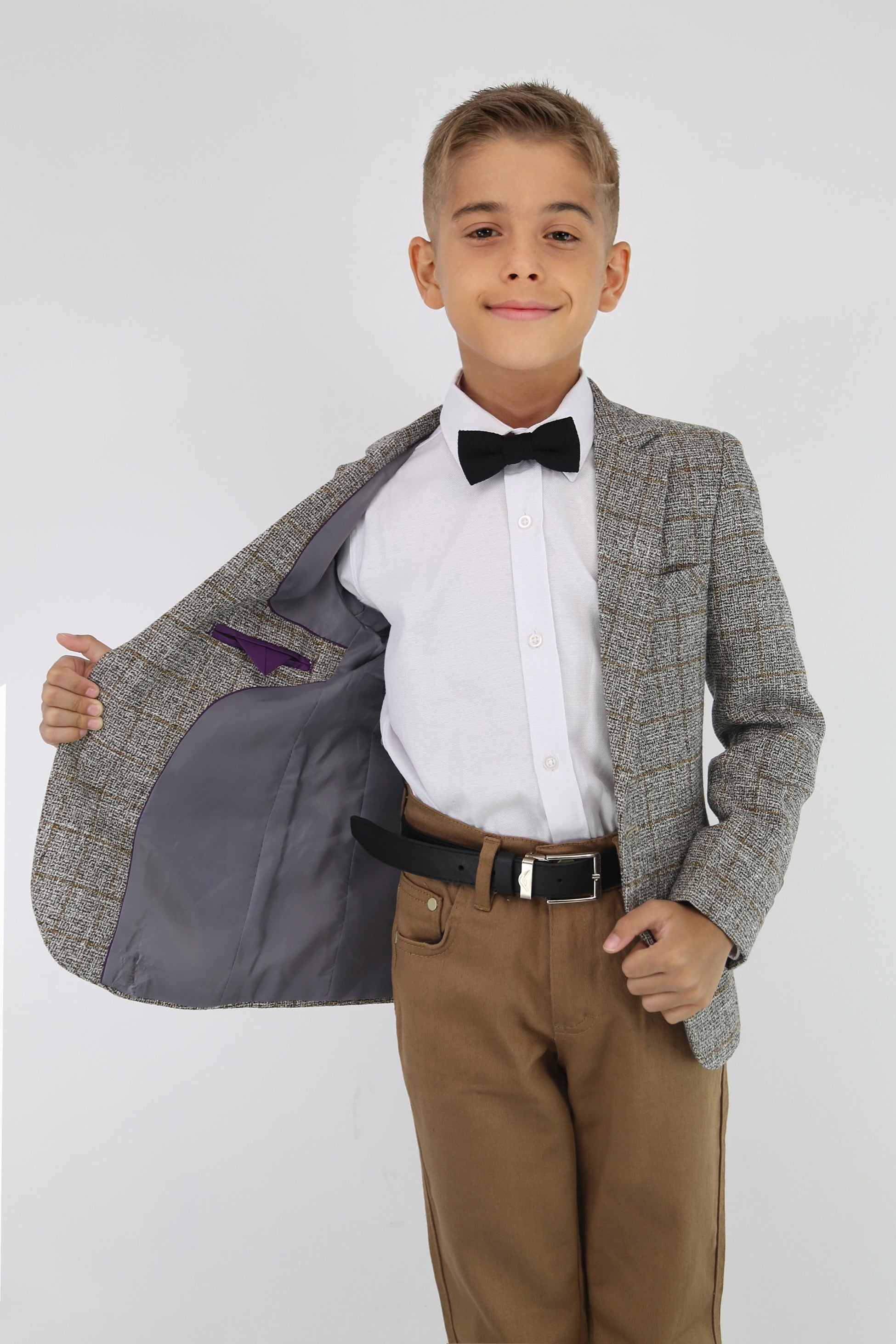 Boys Cotton Blend Tweed Like Check Blazer - Beige