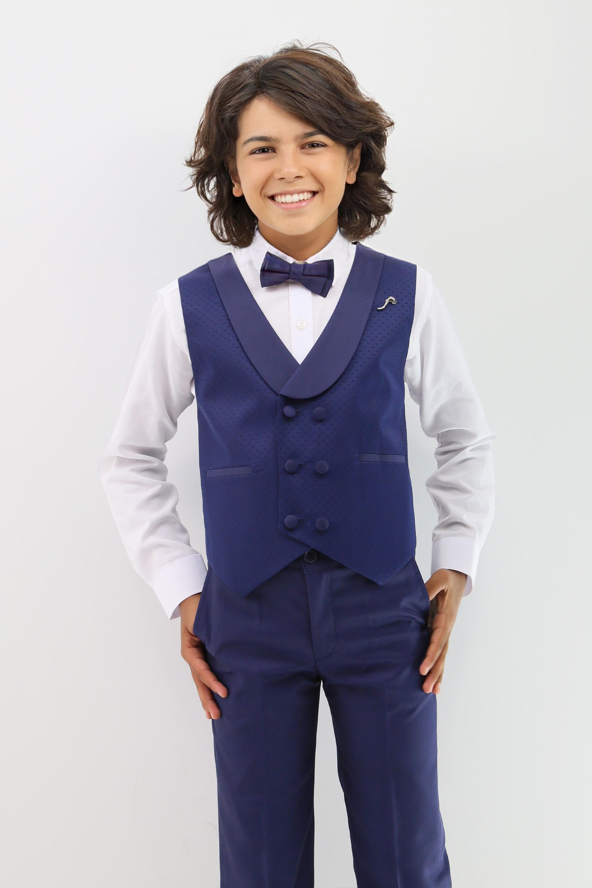 Baby & Boys Shawl Lapel Dotted Navy Waistcoat Suit Set - Navy Blue