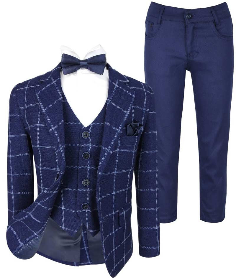 Boys Retro Windowpane Tailored Fit Check Suit - Navy Blue