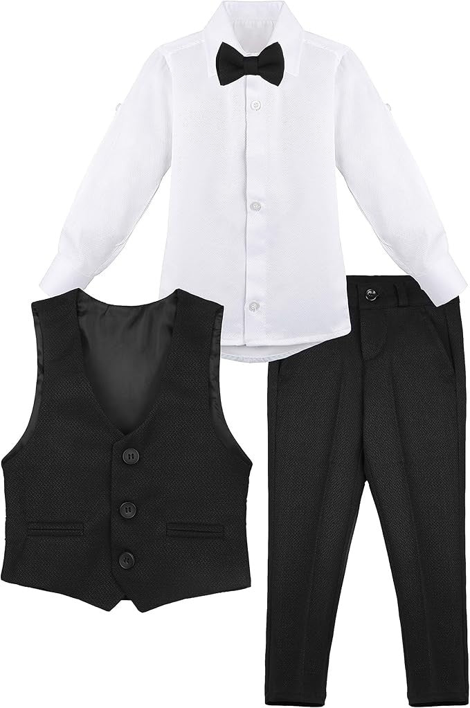 Boys' Slim Fit Textured Waistcoat Suit Set, Formal Outfit - Black