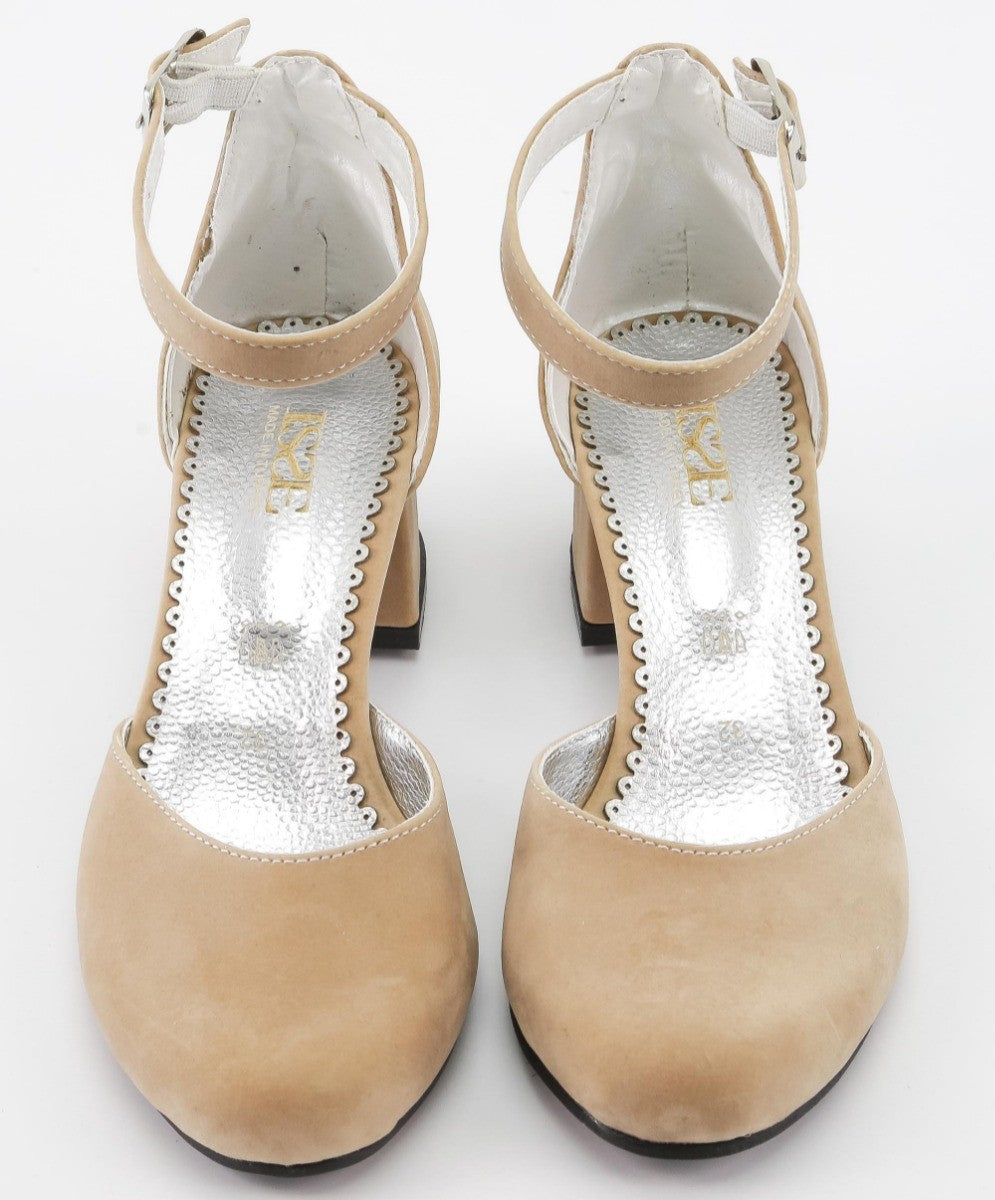 Girls Mary Jane Block Heel Shoes - Beige