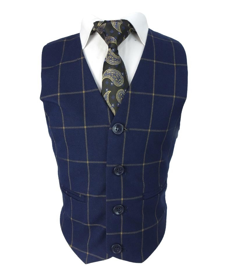 Boys Windowpane Check Suit Set - Navy Blue - Gold