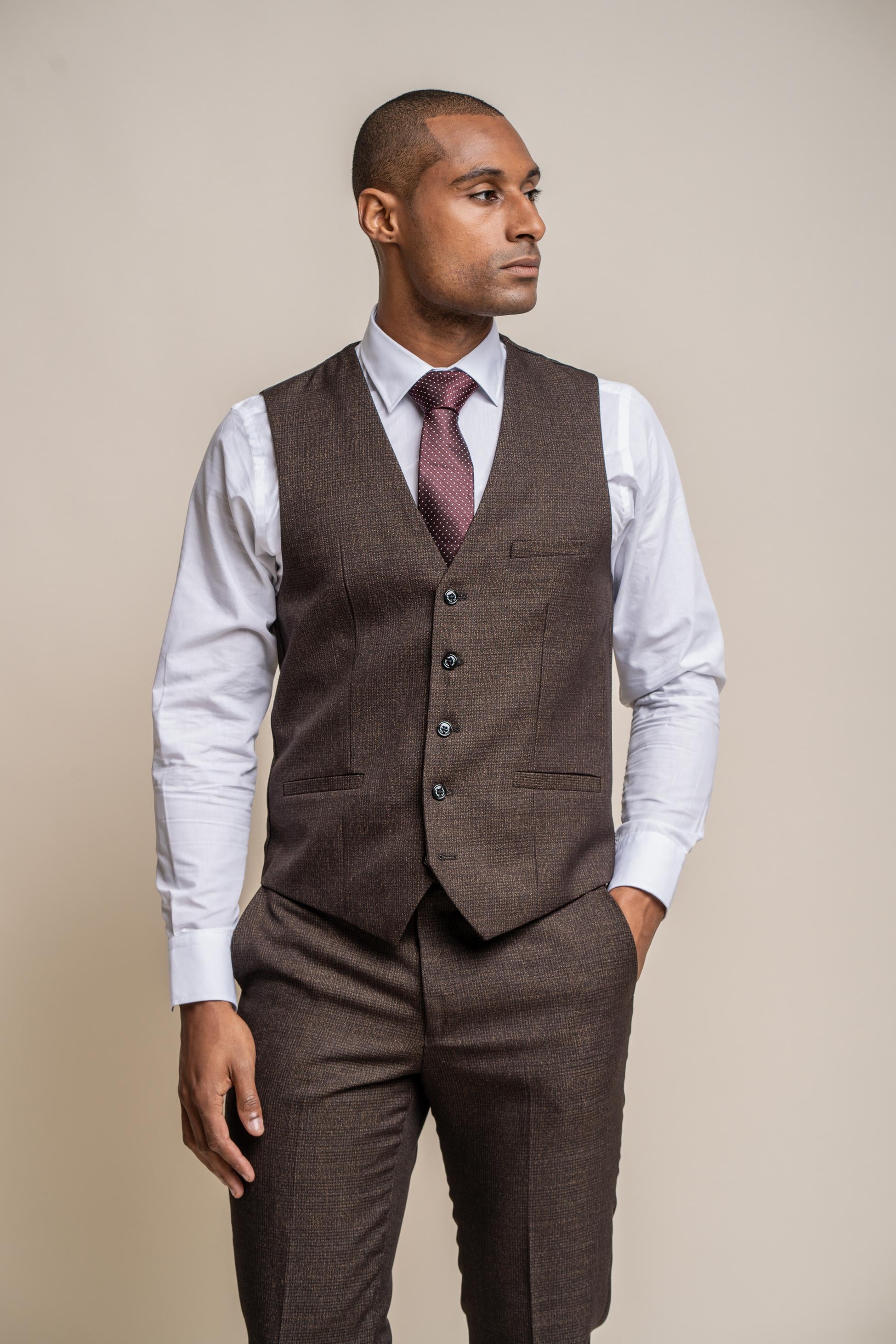 Men's Tweed Check Waistcoat - CARIDI Brown - Brown