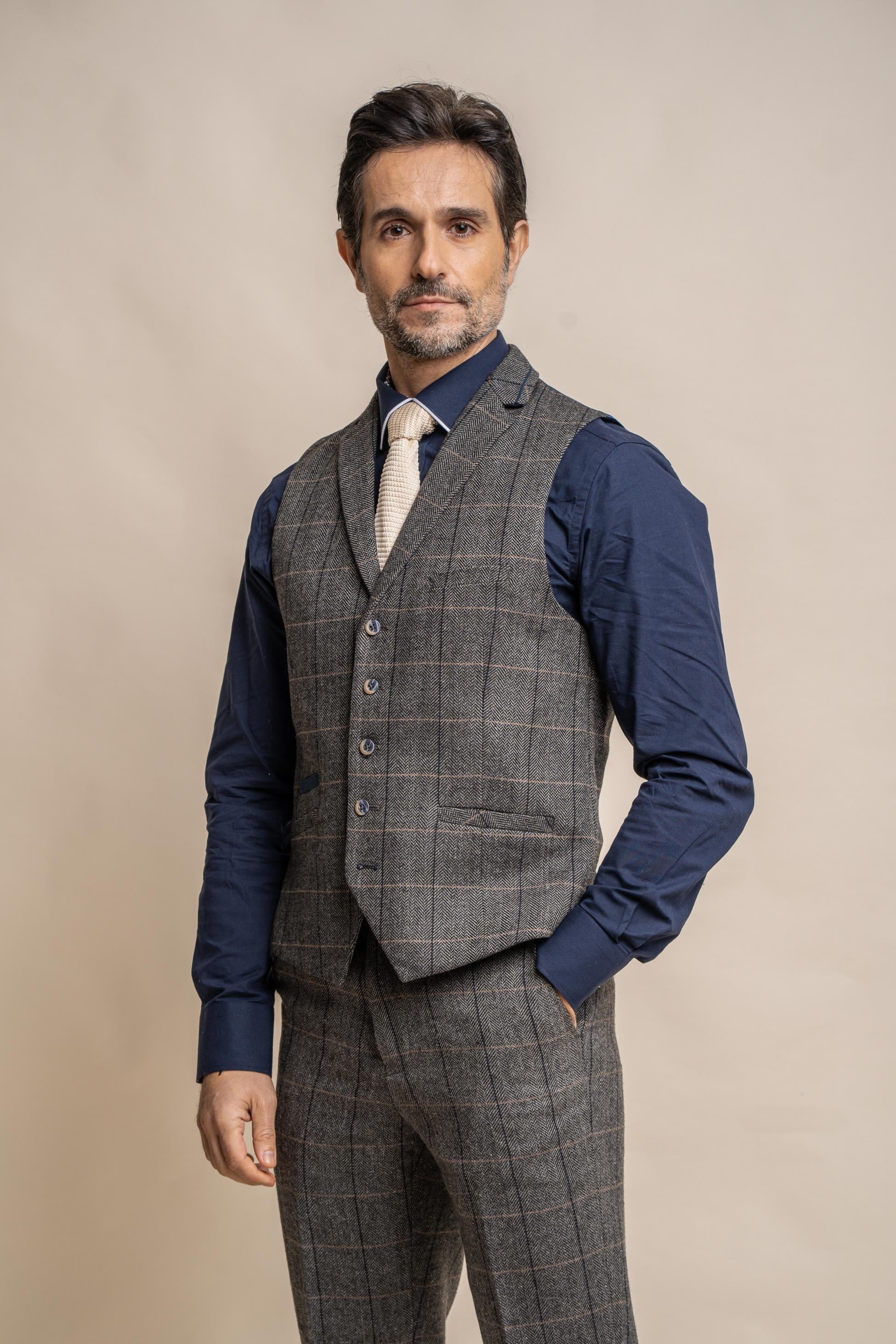 Men's Wool Blend Herringbone Check Waistcoat - Albert - Grey