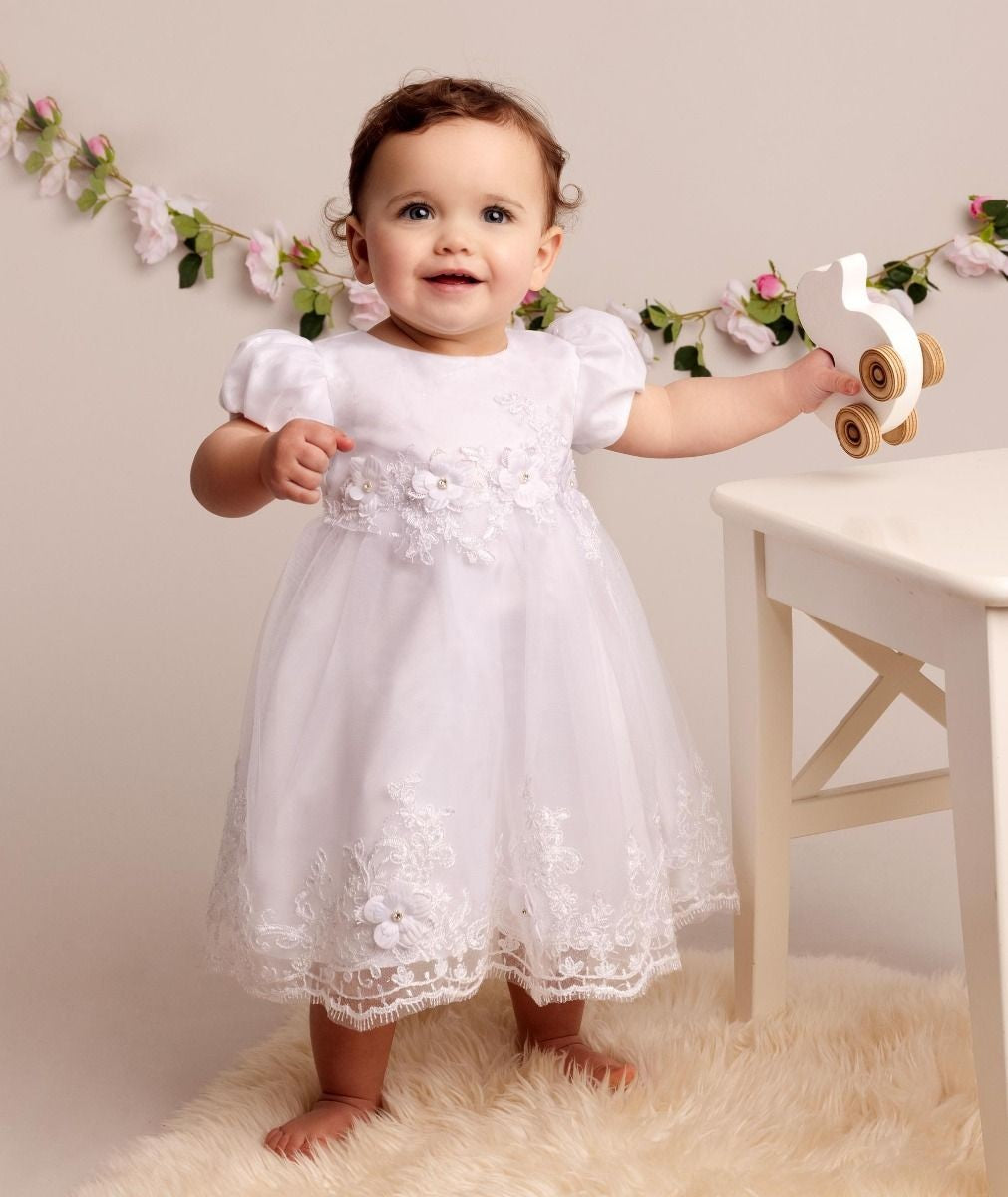 Baby Girls Balloon Sleeves Tulle Dress - RIYA - White