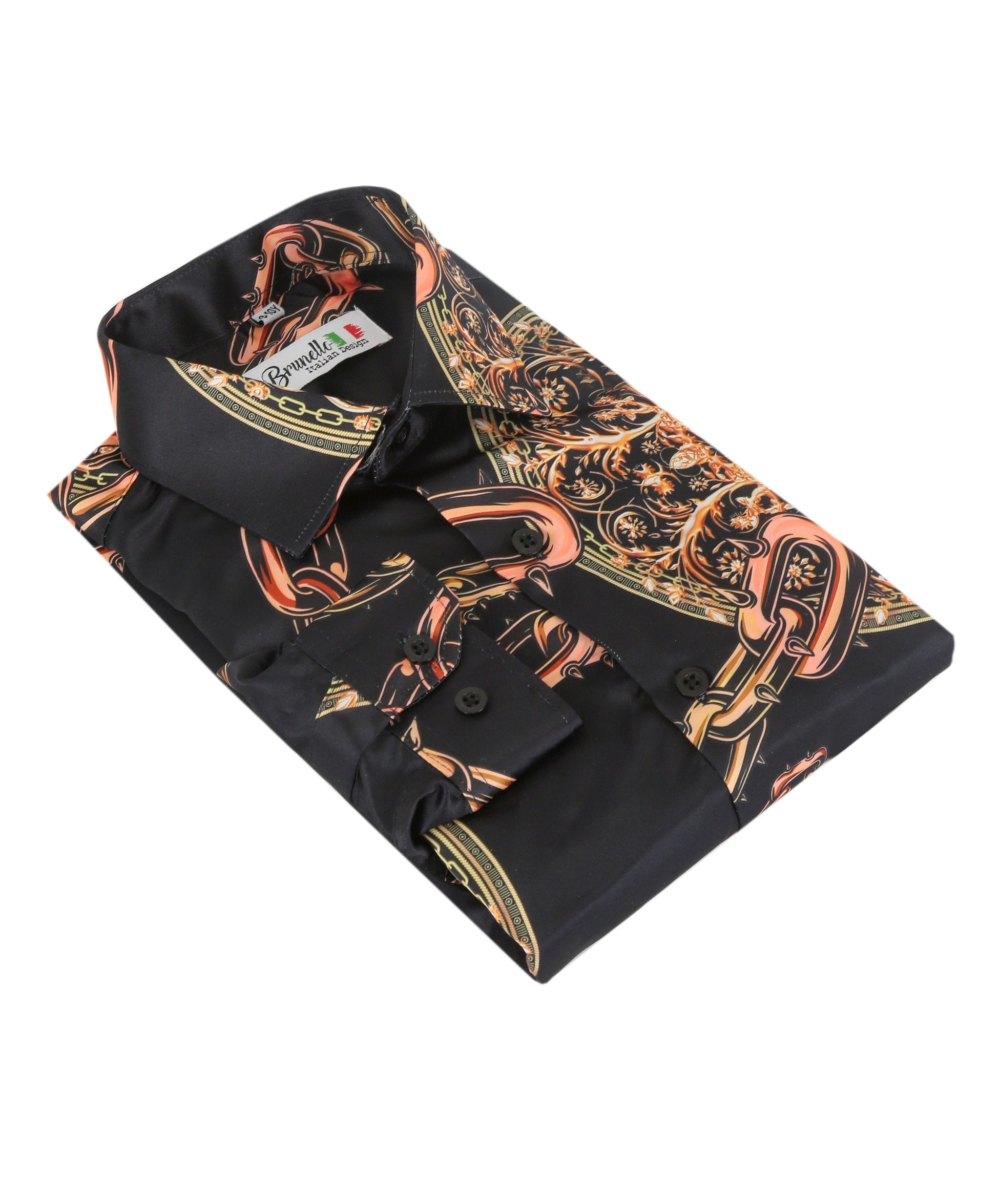 Men's Long Sleeve Printed Satin Shirt - Black and Orange