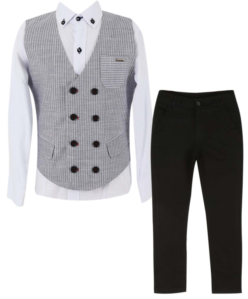 Boys Cotton Linen Pinstrip Waistcoat Suit Set - Grey